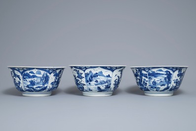 Three large Chinese blue and white bowls, Kangxi