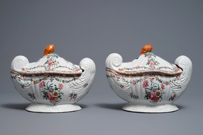A pair of Chinese neoclassical famille rose tureens on stands, Qianlong