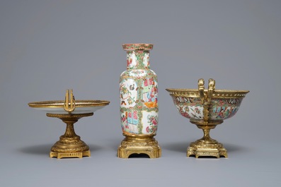 Three Chinese Canton famille rose bronze-mounted wares, 19th C.