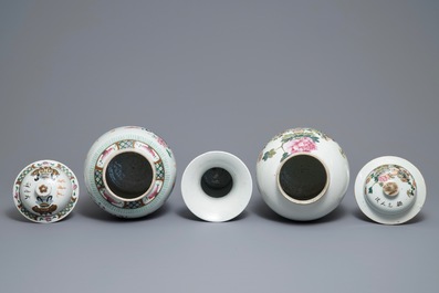 Three Chinese famille rose and qianjiang cai vases, 19/20th C.
