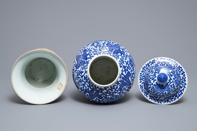 Two Chinese famille rose and blue and white vases and a dish, 19th C.