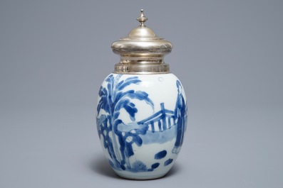 A Chinese blue and white silver-mounted tea caddy, Kangxi