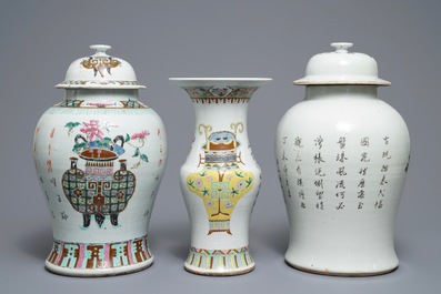 Three Chinese famille rose and qianjiang cai vases, 19/20th C.