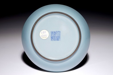 A Chinese monochrome clair-de-lune-glazed saucer dish, Qianlong mark, 19/20th C.