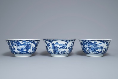 Three large Chinese blue and white bowls, Kangxi