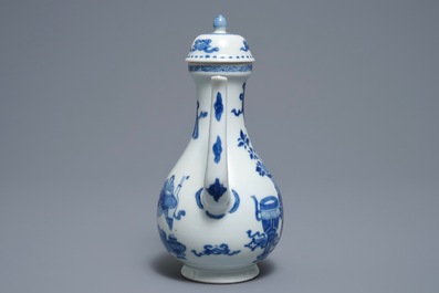 A Chinese blue and white ewer and cover with 'antiquities' design, Kangxi