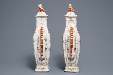 A pair of Chinese famille rose dragon-handle vases, Qianlong