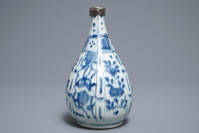 A Chinese blue and white silver-mounted bottle vase, Wanli