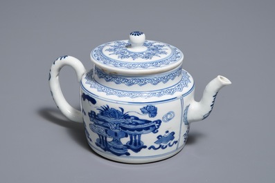 A Chinese blue and white teapot and cover with 'antiquities' design, Kangxi