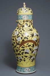 A large Chinese yellow ground Dayazhai style vase and cover, 19th C.