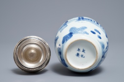 A Chinese blue and white silver-mounted tea caddy, Kangxi
