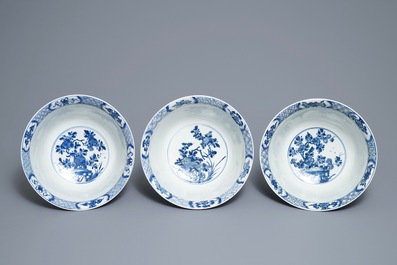 Three large Chinese blue and white bowls, Kangxi