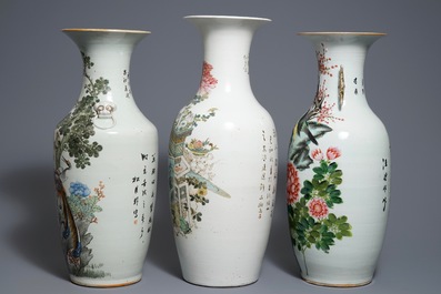Three Chinese famille rose and qianjiang cai vases, 19/20th C.