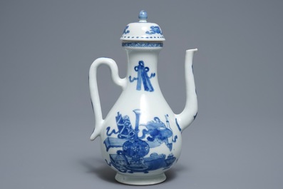 A Chinese blue and white ewer and cover with 'antiquities' design, Kangxi