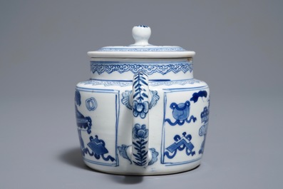 A Chinese blue and white teapot and cover with 'antiquities' design, Kangxi