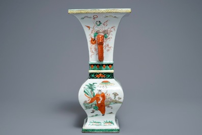 A square Chinese famille verte vase, Kangxi mark, 19/20th C.