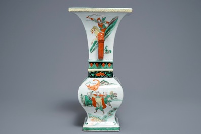 A square Chinese famille verte vase, Kangxi mark, 19/20th C.