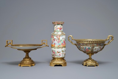 Three Chinese Canton famille rose bronze-mounted wares, 19th C.