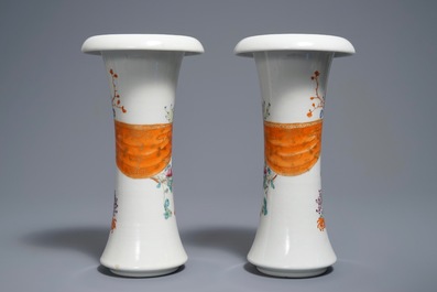 A pair of Chinese famille rose vases, Qianlong mark, 20th C.