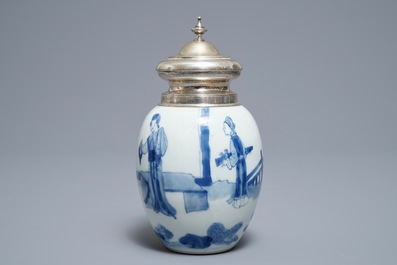 A Chinese blue and white silver-mounted tea caddy, Kangxi