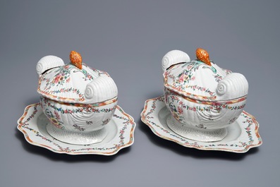 A pair of Chinese neoclassical famille rose tureens on stands, Qianlong