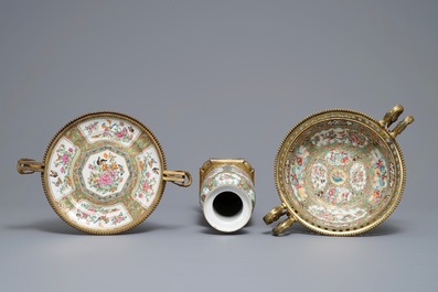 Three Chinese Canton famille rose bronze-mounted wares, 19th C.