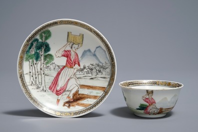 A Chinese famille rose erotical subject cup and saucer, Yongzheng