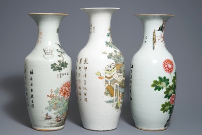 Three Chinese famille rose and qianjiang cai vases, 19/20th C.