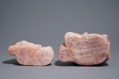 Two large Chinese pink quartz figures on wooden stands, 20th C.