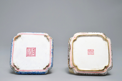 Twee vierkante Chinese Canton email schoteltjes, Qianlong