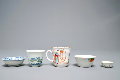 Two Chinese famille rose and verte cups and three small bowls, various marks, 18/19th C.