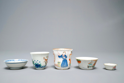 Two Chinese famille rose and verte cups and three small bowls, various marks, 18/19th C.