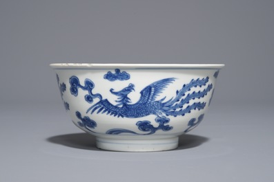 A Chinese blue and white 'phoenix' bowl, Chenghua mark, Kangxi