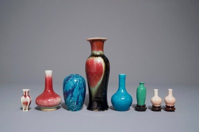 Eight various Chinese monochrome vases, 18/19th C.