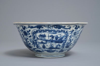 A Chinese blue and white figurative panel bowl, Wanli