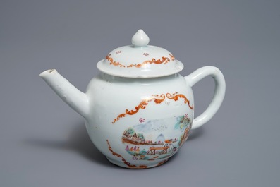 Une th&eacute;i&egrave;re en porcelaine de Chine famille rose &agrave; d&eacute;cor de b&ucirc;cherons, Qianlong