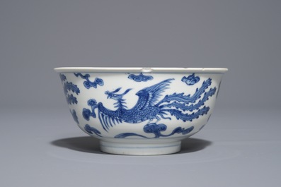 A Chinese blue and white 'phoenix' bowl, Chenghua mark, Kangxi