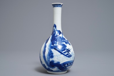 A Chinese blue and white bottle vase with figures in a landscape, Kangxi