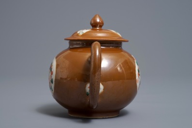 A Chinese famille verte capucin ground teapot and cover, Kangxi