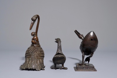 Trois br&ucirc;le-parfums couverts en bronze en forme de canards et oies, 18/19&egrave;me