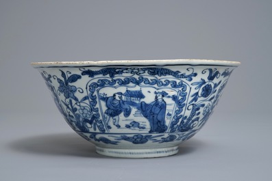 A Chinese blue and white figurative panel bowl, Wanli