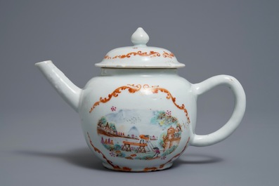 Une th&eacute;i&egrave;re en porcelaine de Chine famille rose &agrave; d&eacute;cor de b&ucirc;cherons, Qianlong