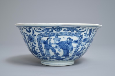 A Chinese blue and white figurative panel bowl, Wanli