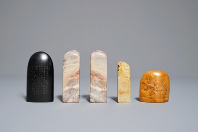 Five Chinese soapstone and wood seals, 19/20th C.