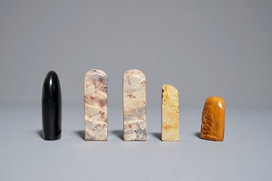 Five Chinese soapstone and wood seals, 19/20th C.
