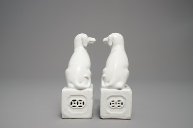 Een paar Chinese blanc de Chine modellen van honden, zegelmerk, 18/19e eeuw