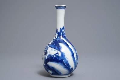 A Chinese blue and white bottle vase with figures in a landscape, Kangxi