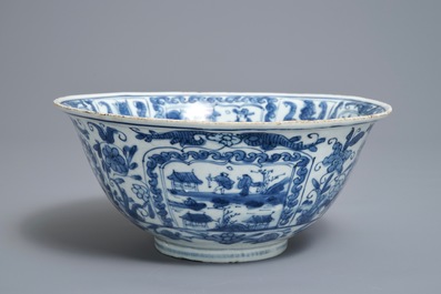 A Chinese blue and white figurative panel bowl, Wanli