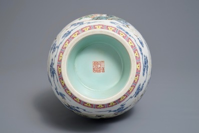 A Chinese famille rose hu vase, Qianlong mark, 20th C.