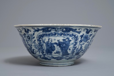 A Chinese blue and white figurative panel bowl, Wanli
